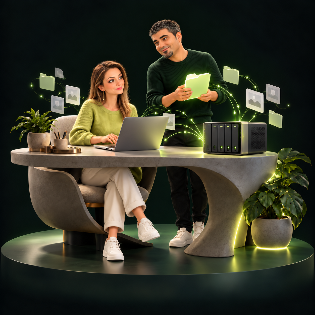 Ilustrație 3D cu două personaje care își organizează activitatea și documentele digitale